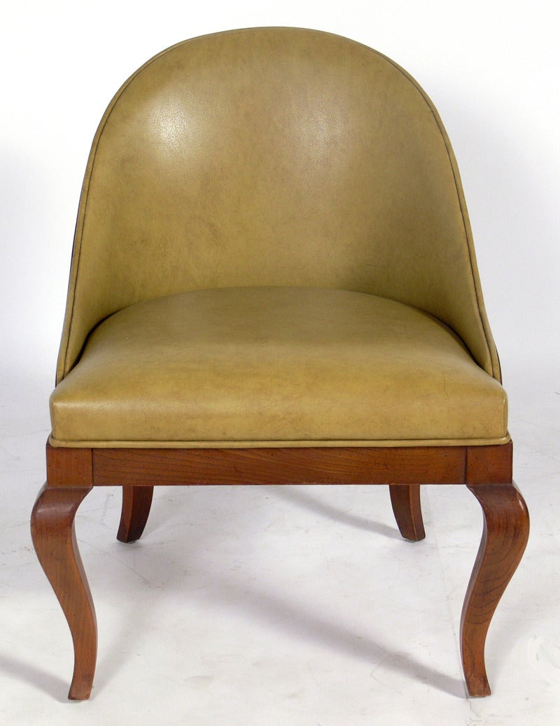 American Pair of Curvaceous Walnut Slipper Chairs with Brass Handles