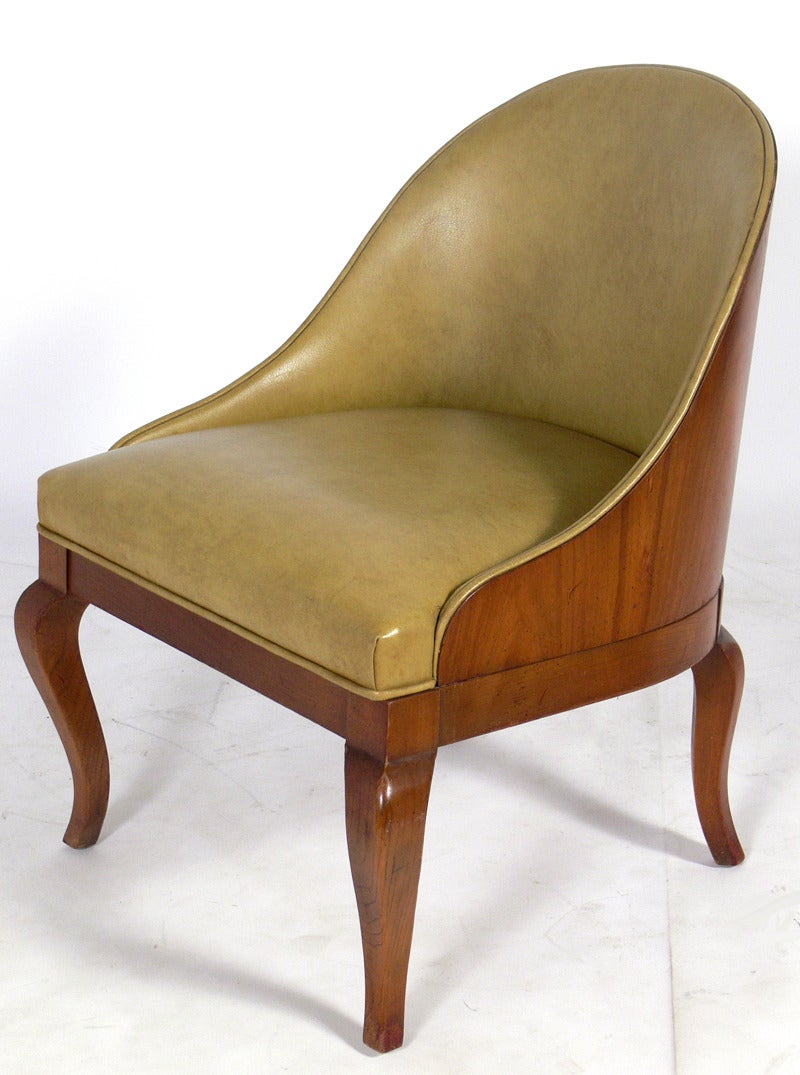 Pair of Curvaceous Walnut Slipper Chairs with Brass Handles In Excellent Condition In Atlanta, GA