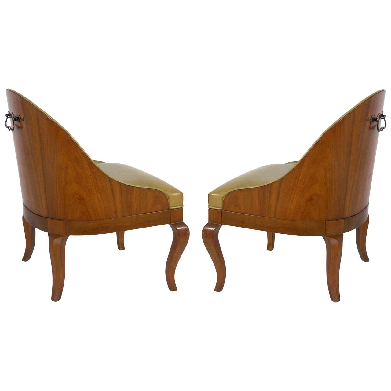 Pair of Curvaceous Walnut Slipper Chairs with Brass Handles