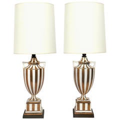 Pair of Gold and White Italian Ceramic Urn Lamps