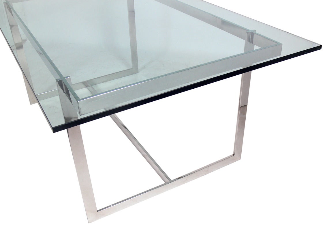 Mid-Century Modern Clean Lined Glass and Chrome Dining Table or Desk For Sale