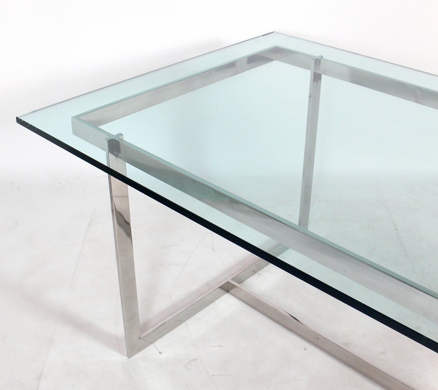American Clean Lined Glass and Chrome Dining Table or Desk For Sale