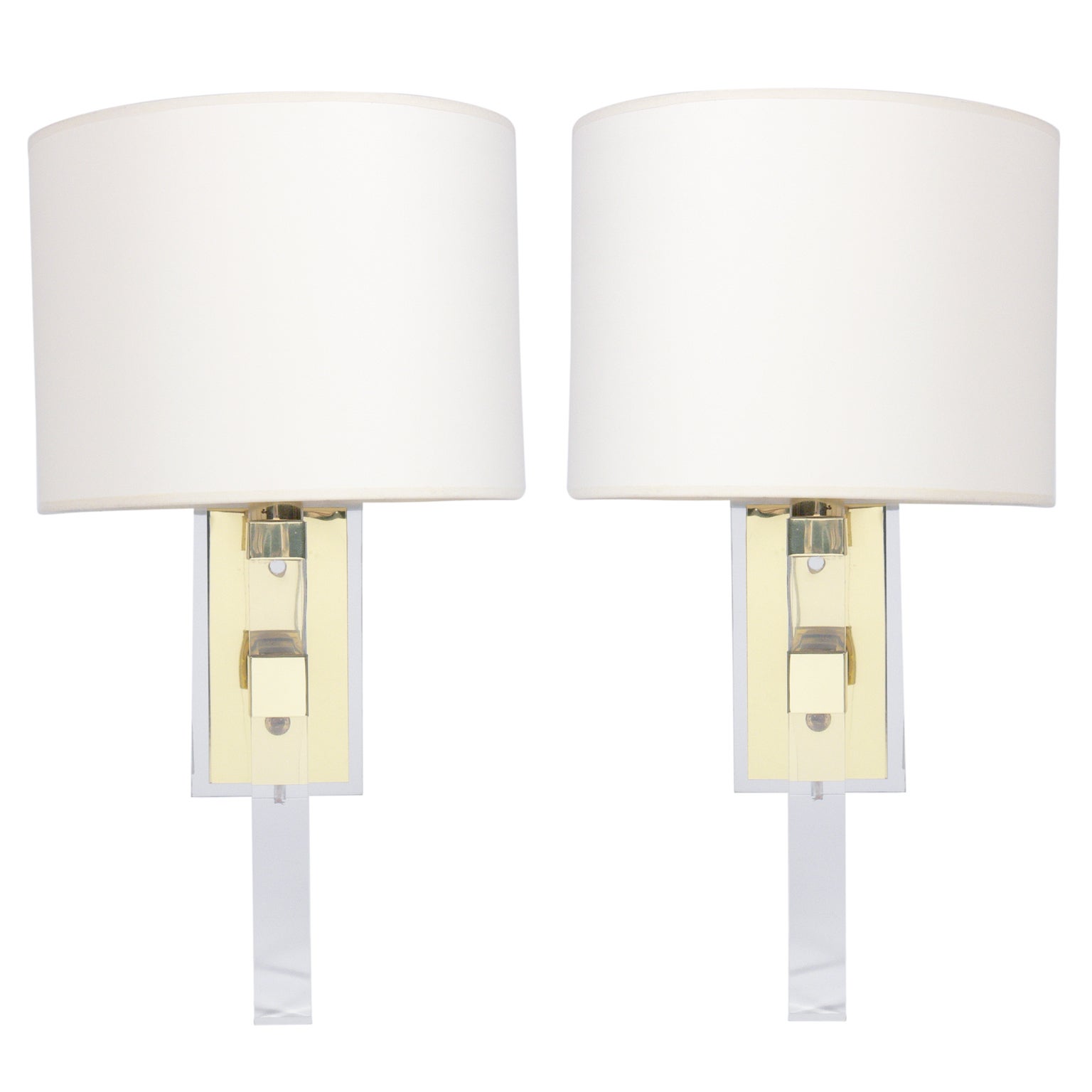 Clean Lined Pair of Brass and Lucite Sconces