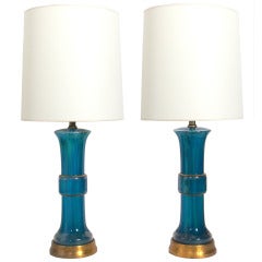 Pair of Asian Form Blue and Green Glass Lamps by Frederick Cooper