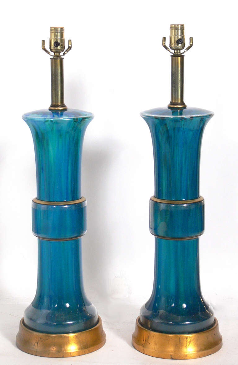 Pair of Asian Form Blue and Green Glass Lamps by Frederick Cooper