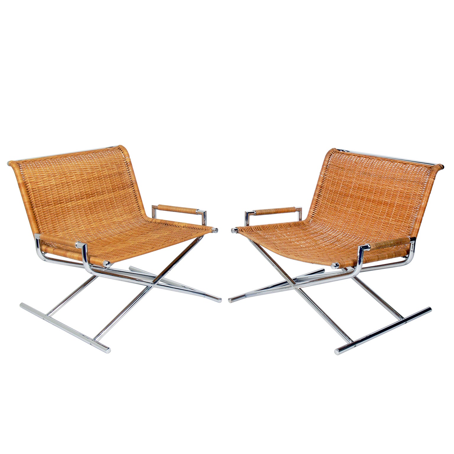 Pair of Chrome and Woven Reed Sled Chairs by Ward Bennett at 1stDibs