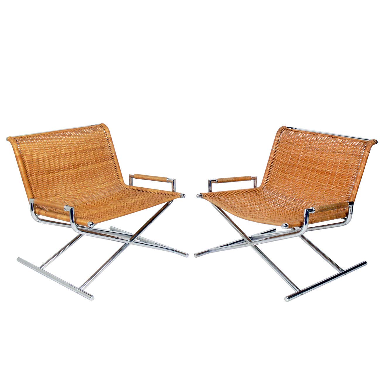 Pair of Chrome and Woven Reed Sled Chairs by Ward Bennett at 1stDibs