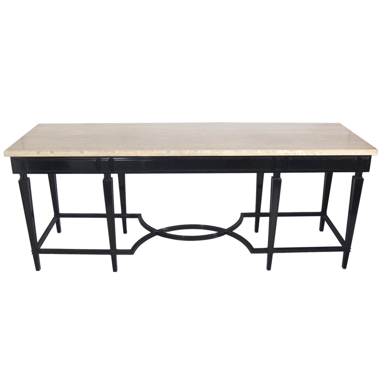 Large Scale Black Lacquer and Travertine Top Console Table