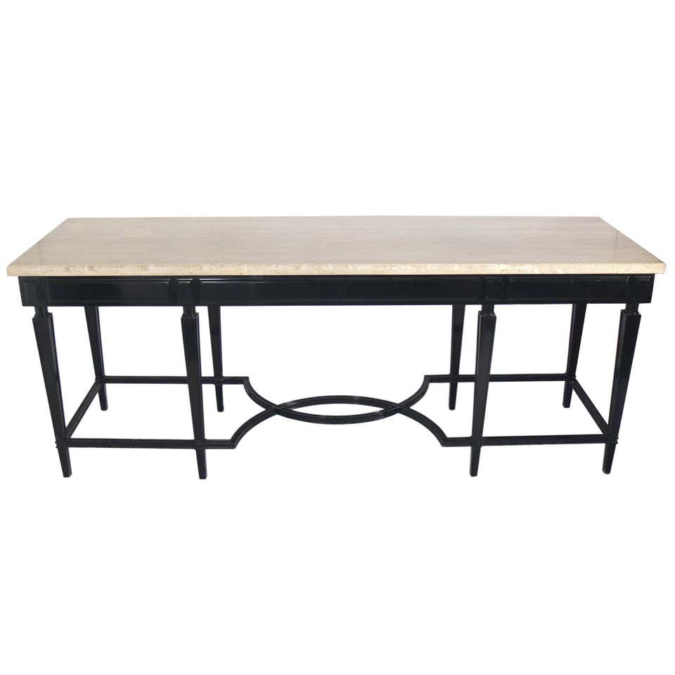 Large Scale Black Lacquer and Travertine Top Console Table at 1stDibs