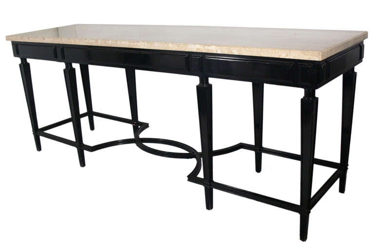 Large Scale Black Lacquer and Travertine Top Console Table at 1stDibs