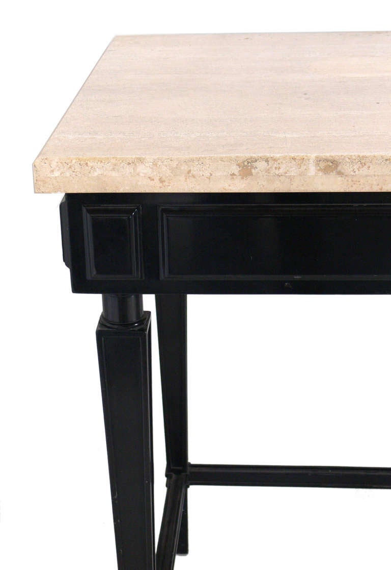 Hollywood Regency Large Scale Black Lacquer and Travertine Top Console Table