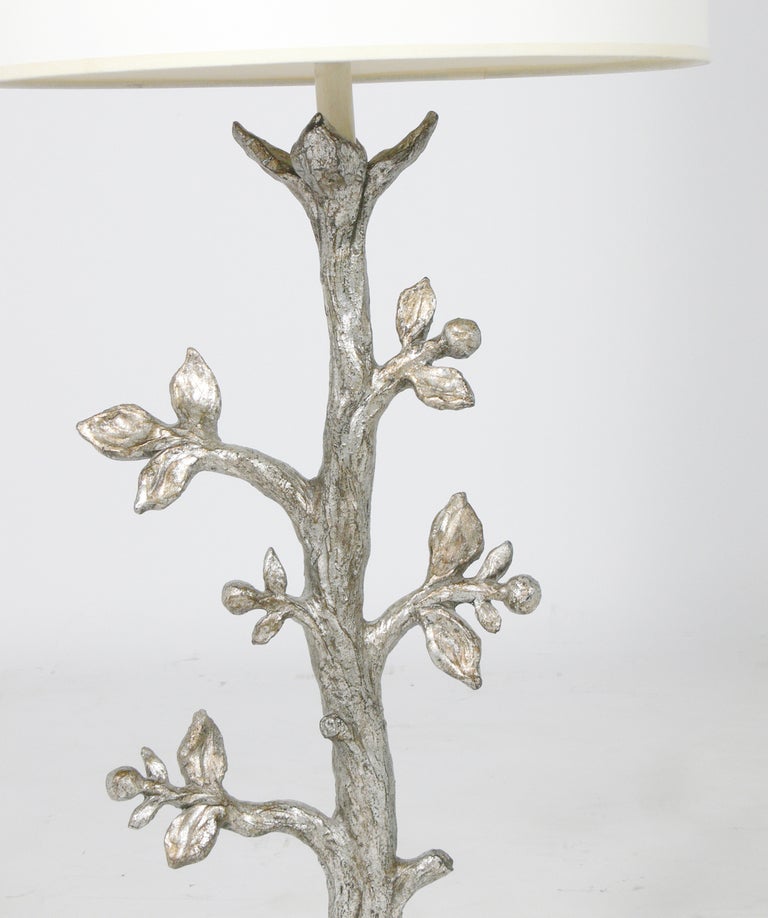 Sculptural Silver Leaf Tree Form Table Lamp, designed by the Marbro Company, American, circa 1960's. It is signed "Marbro" within the casting on the back of the lamp. Excellent original silver leaf style finish with warm original patina.