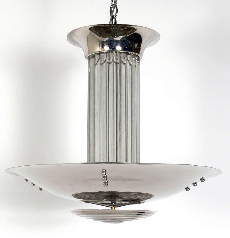 Mid-20th Century French Art Deco Nickel and Glass Chandelier