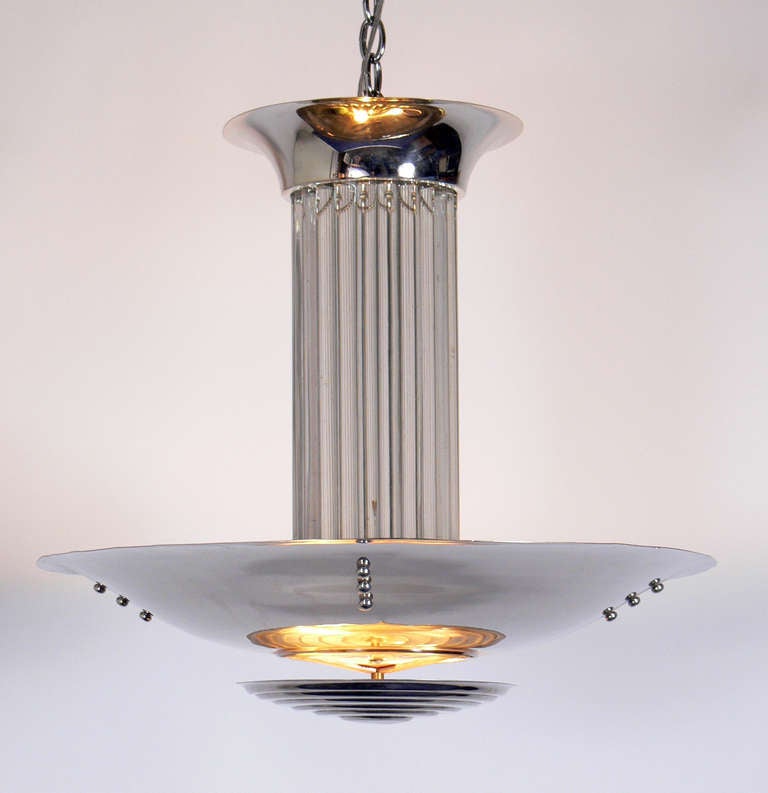 French Art Deco Nickel and Glass Chandelier In Good Condition In Atlanta, GA