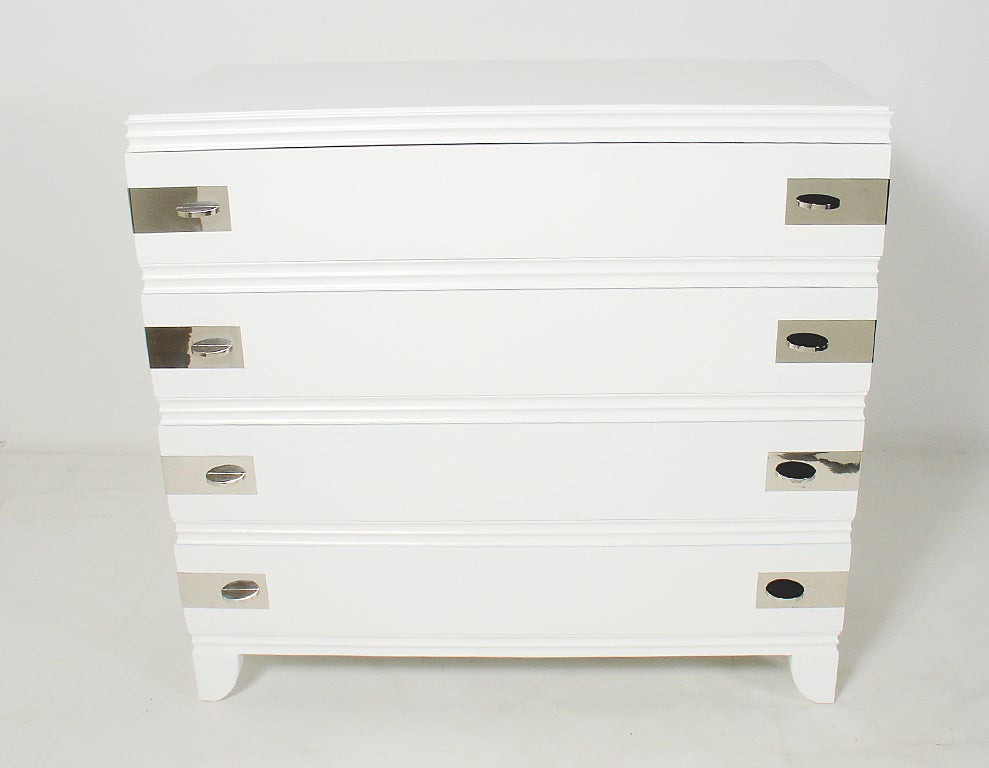 Modernist Chest or Dresser in White Lacquer with Nickel Hardware