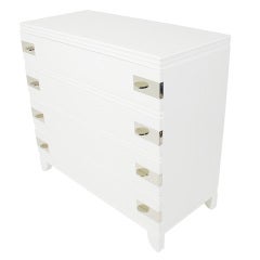 Modernist Chest or Dresser in White Lacquer with Nickel Hardware