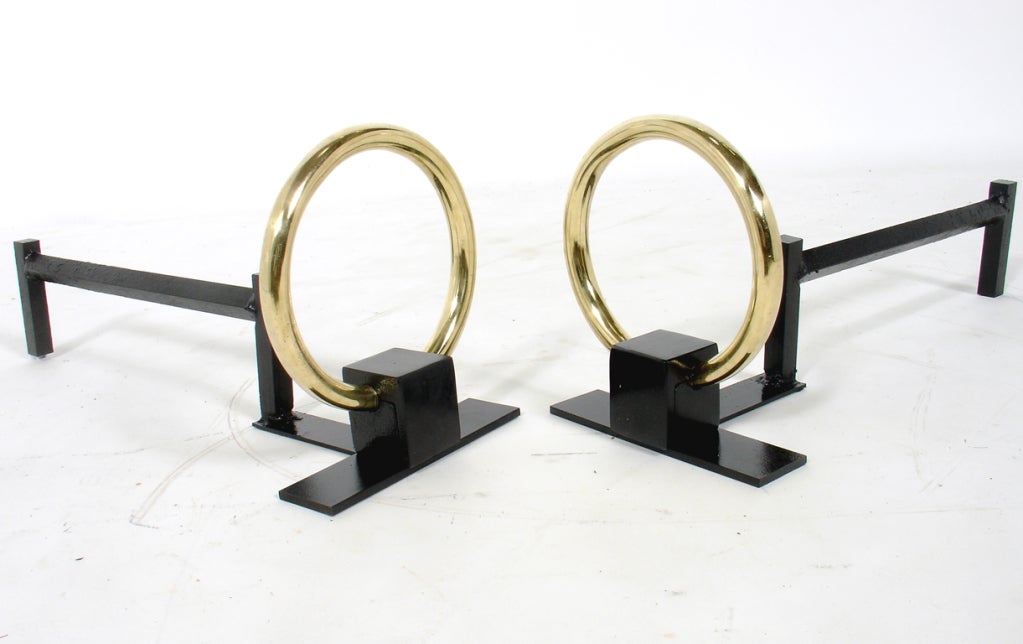 American Elegant Modernist Brass Circle Andirons