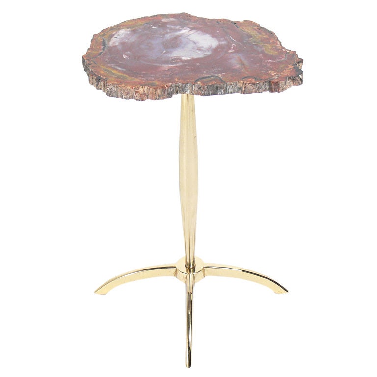 Modernist Petrified Wood and Brass Table after Philippe Hiquily