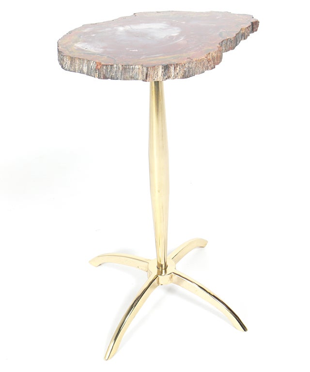 Modernist Petrified Wood and Brass Table after Philippe Hiquily 1