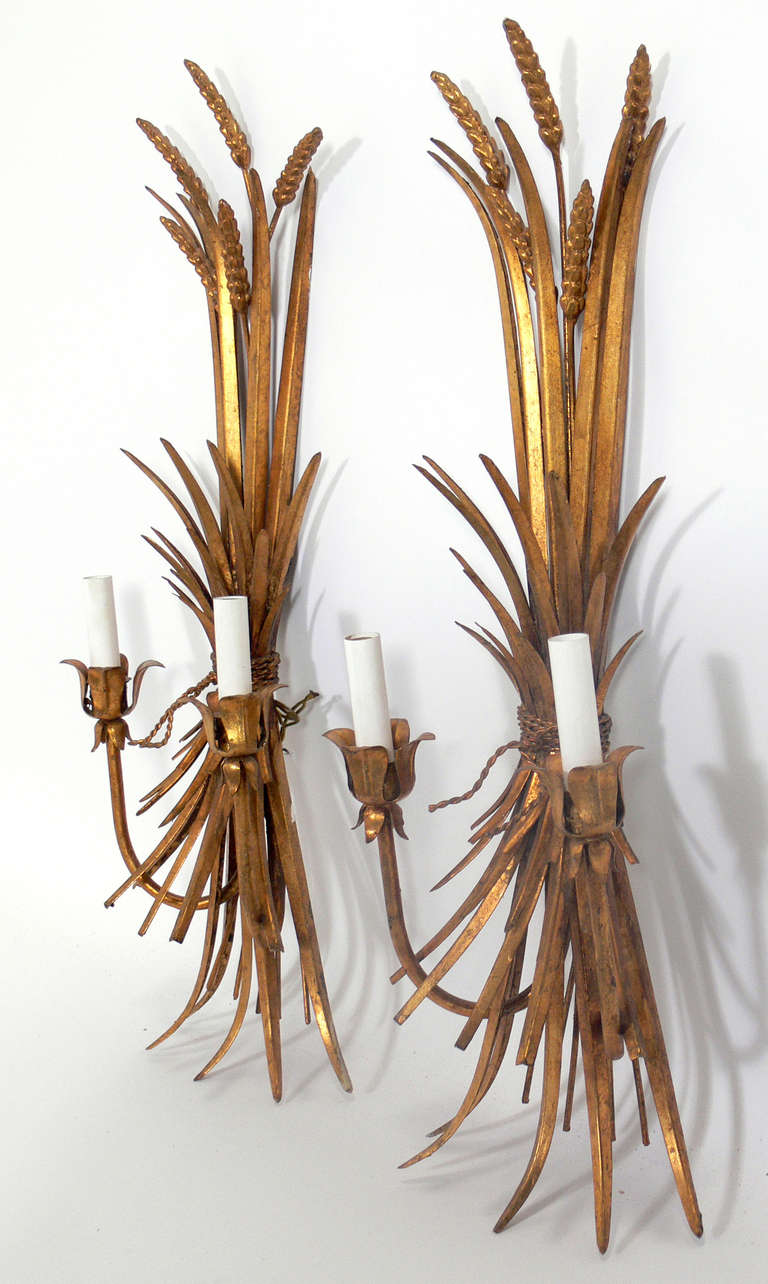 Pair of Gilt Metal Wheat Sconces, Italy, circa 1950's. Rewired and ready to use.