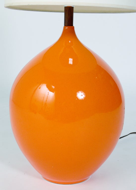 American Pair of Vibrant Orange Ceramic Lamps