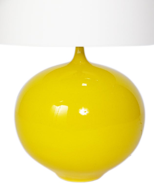 Vibrant Yellow Ceramic Lamp, in the manner of Jacques and Dani Ruelland, circa 1960's. Large scale sculptural form with wonderful craquelure glaze. The price noted in this listing includes the lamp and shade.