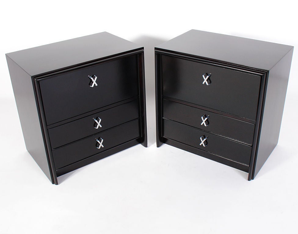 Pair of Paul Frankl Nightstands Black Lacquer and Nickel Hardware at