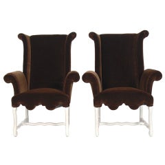 Pair of Early Wing Back Chairs in Chocolate Mohair