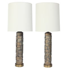 Pair of Elegant Wallpaper Roll Lamps with Geometric Designs