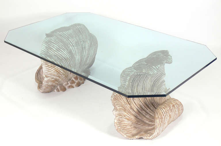 Large Scale Italian Carved Wood Shell Coffee Table, Italy, circa 1970's. Each shell is hand carved. Marked on bottom of each 