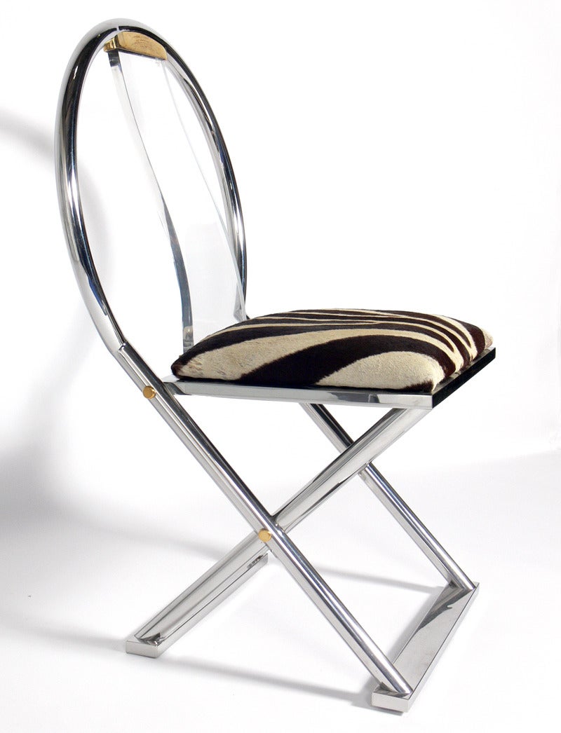 Rare Karl Springer Chair in Chrome, Brass, Lucite and Zebra Hide