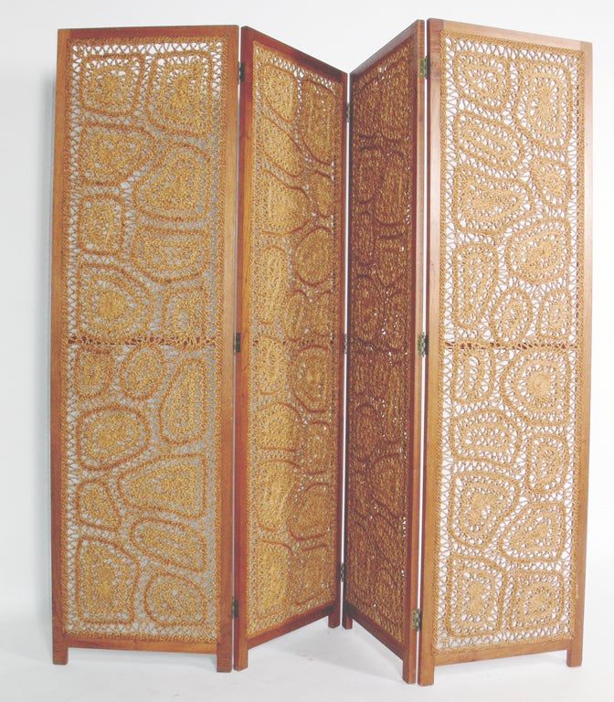 Hand Woven Rope Floor Screen, in the manner of Jean Royere, circa 1950's. The wonderful hand woven abstract patterns provide great texture and patina. It is a versatile size and could be used as a screen, room divider or partition, or even as a