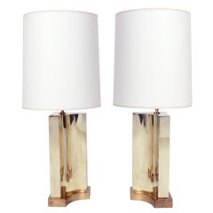 Pair of Brass Lamps with Gold Leafed Bases