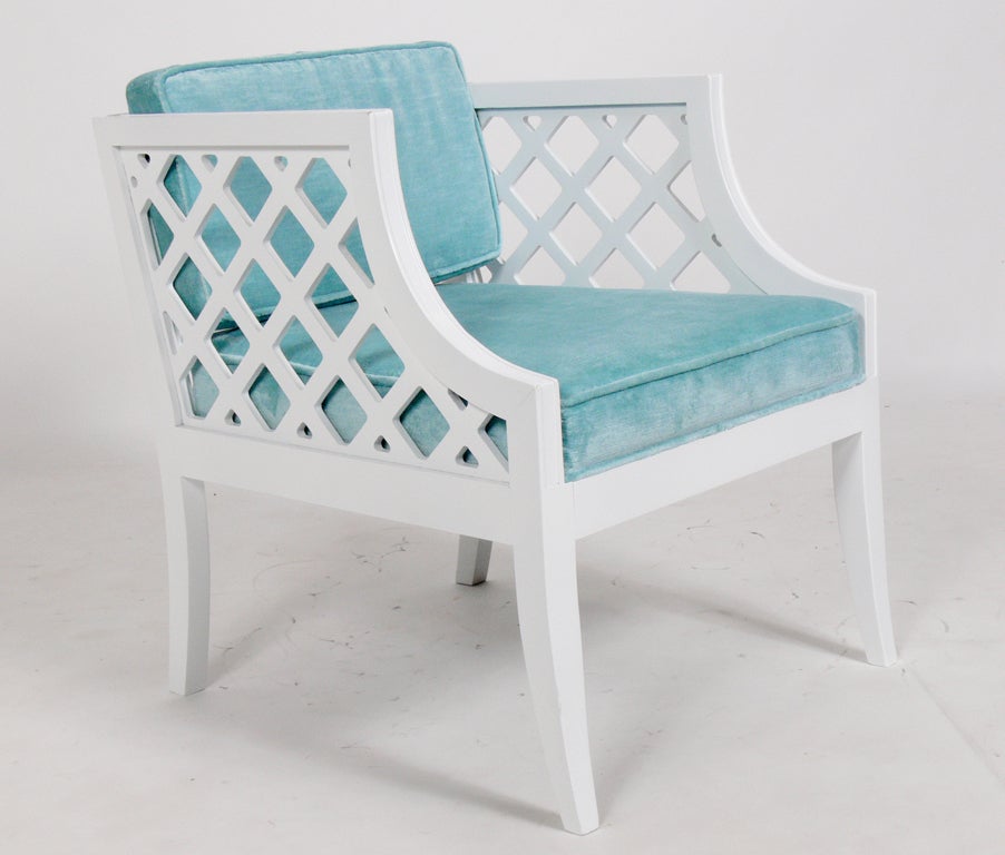 Pair of White Lacquer Lattice Cube Chairs, designed by Lorin Jackson for Grosfeld House, American, circa 1940's. These chairs look great from every angle. They have been completely restored in a white lacquer finish and newly upholstered in an aqua