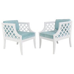 Pair of Grosfeld House White Lacquer Lattice Cube Chairs