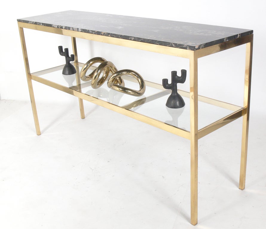 American Substantial Brass and Marble Modern Console Table