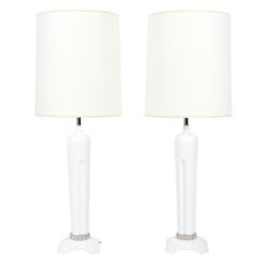 Pair of 1940's White Lacquer and Nickel Lamps
