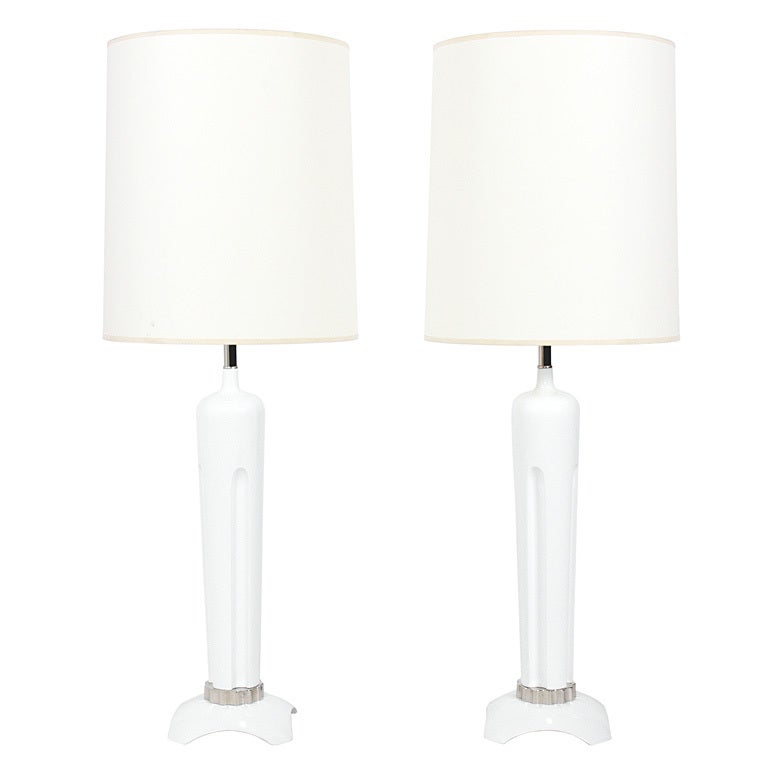 Pair of 1940's White Lacquer and Nickel Lamps For Sale