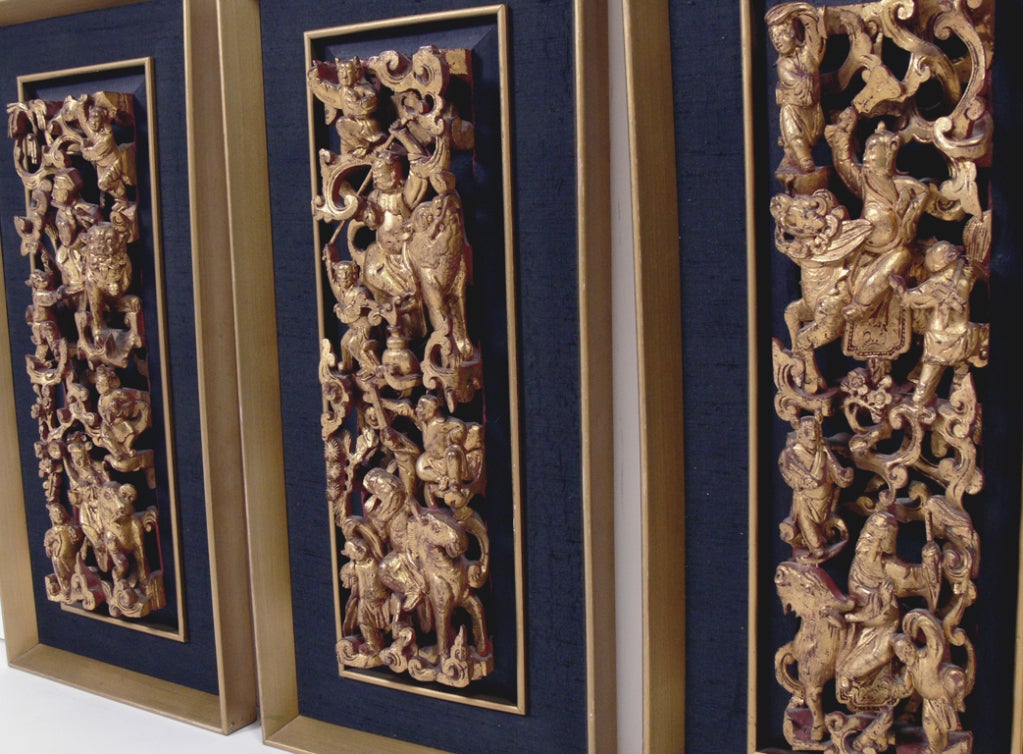Hand Carved Chinese Panels in Gilt Finish. Please note that there are seven panels available. Most of these panels have frames which are circa 1950's. The carvings themselves appear to be much older. The $1800 price noted below is for the set of