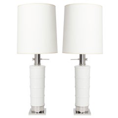 Pair of White Ceramic Lamps with Nickel Fittings