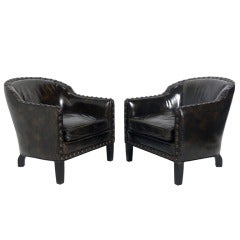 Vintage Pair of Low-Slung Petite Lounge Chairs in Original Tortoise Leather with Brass Nailhead Trim