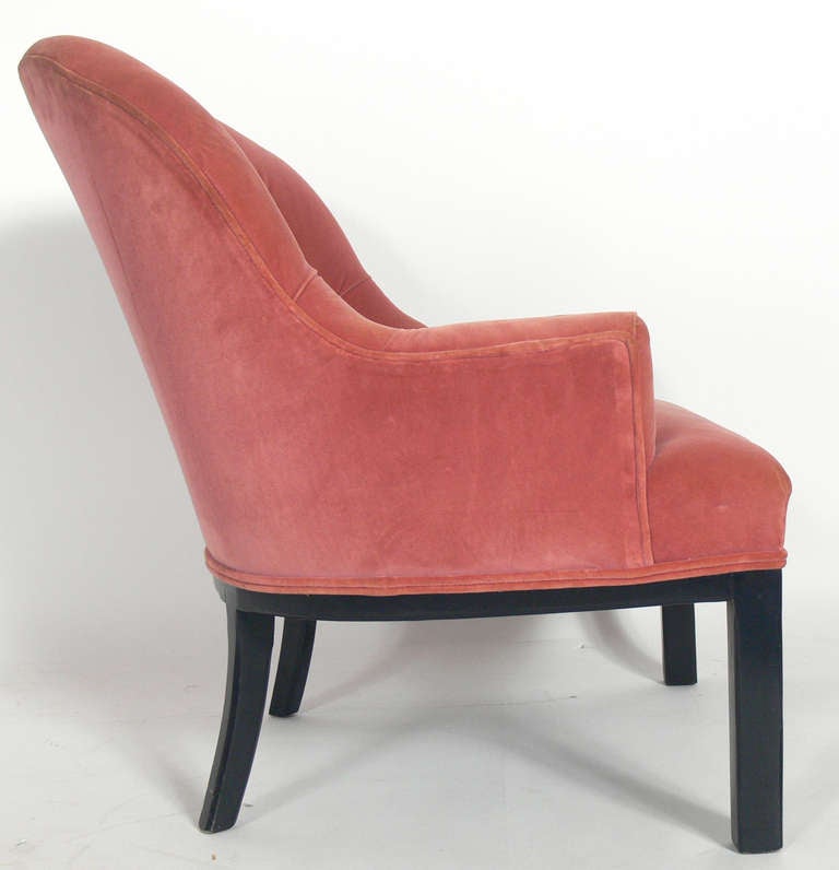 Pair of Button Tufted Lounge Chairs, in the manner of Edward Wormley for Dunbar, American, circa 1950s. These chairs are in the process of being reupholstered and refinished. The price noted below INCLUDES refinishing in your choice of color and