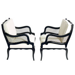 Pair of Black Lacquer and Brass Lattice Lounge Chairs