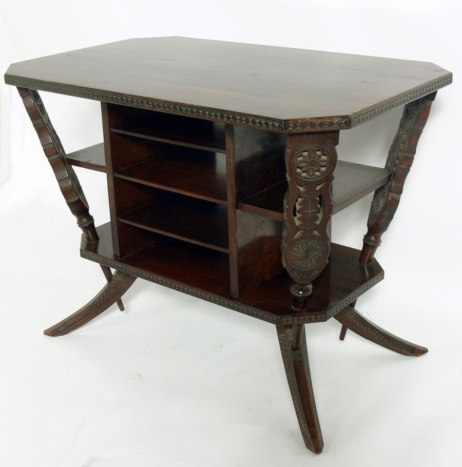 Italian Splayed Leg Table, attributed to Ettore Zaccari, Italy, circa 1950's. This piece is a versatile size, and can be used as a side or end table, or as a night stand. Sculptural form with Zaccari's signature hand carved and verdi gris stained