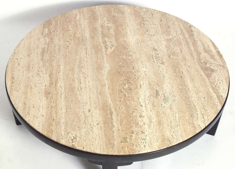 Clean Lined Modern Coffee Table, designed by Edward Wormley for Dunbar, circa 1950's. This piece exhibits Wormley's interest in simple, Asian influenced forms. It has a beautiful travertine top with tan and grey veining.