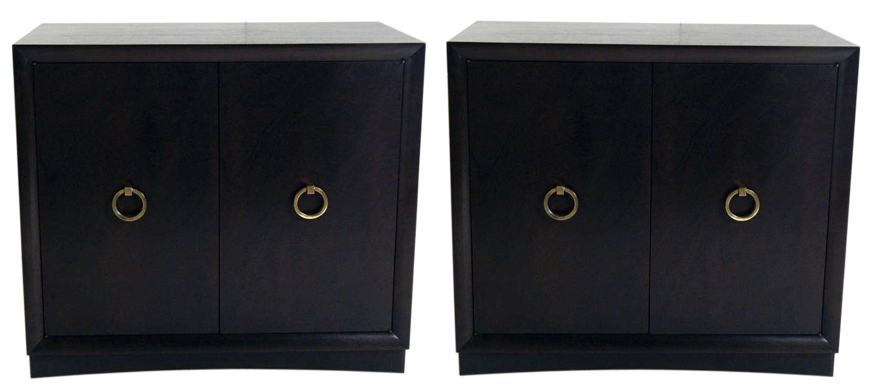Pair of T.H. Robsjohn-Gibbings Credenzas or Cabinets with Brass Ring Pulls
