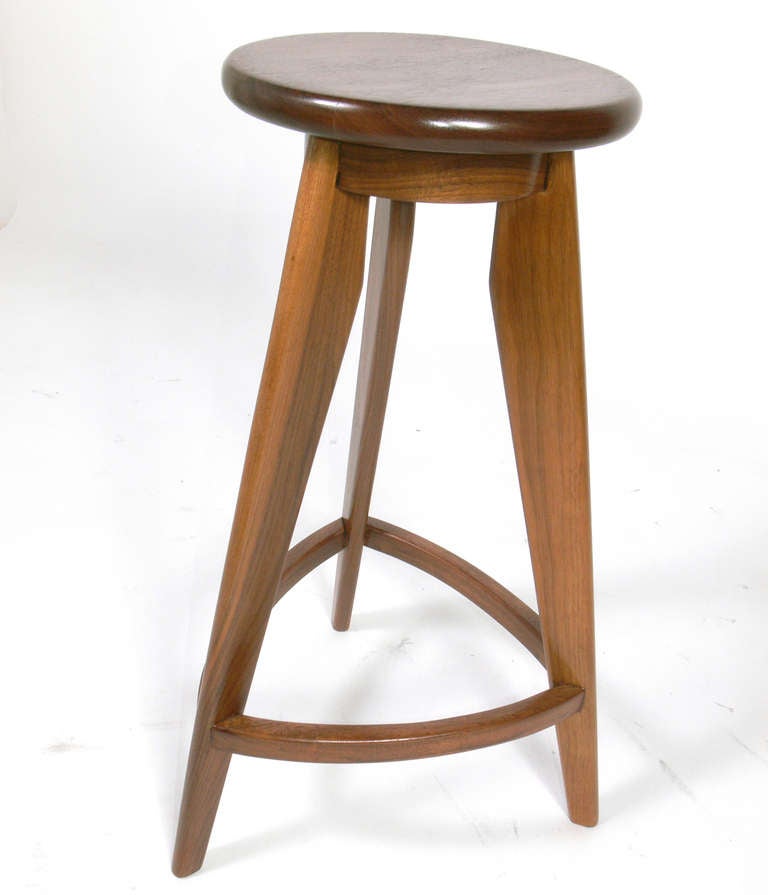 Walnut Pair Of Compass Leg Barstools In The Manner Of Jean Prouve