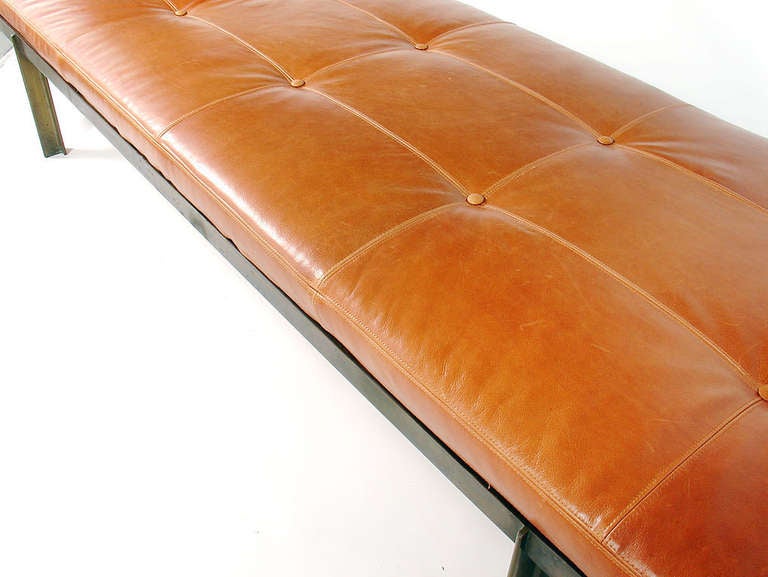 Unique Bronze and Leather Daybed, designed and constructed by Ira Grayboff, circa 1950's. Outstanding original patina to the solid bronze frame. Grayboff was an artist, architect, and furniture designer active in NYC and later Atlanta. If you Google
