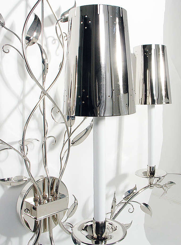 Mid-20th Century Pair of Glamorous Large Scale Nickel Sconces