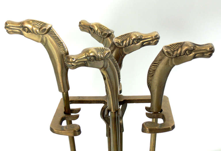 Nickel Stylized Horse Andirons and Brass Horse Fire Tools